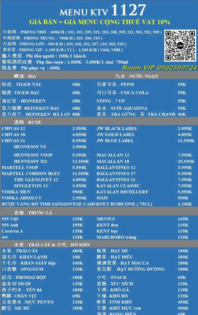 Menu Booking KTV 1127 Trần Hưng Đạo Quận 5